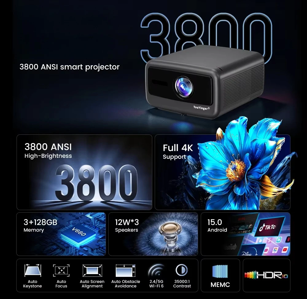 Flagship Projector  Anti-Lag Chip MEMC Fluid Motion 3GB+128GB Pro Storage Native 1080P 4K Support Home Cinema