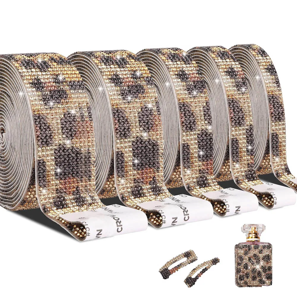 1 Pcs Self Adhesive Rhinestone Diamond Bling Crystal Ribbon Sticker Wrap for Craft Jewel Tape Roll （Leopard Print））