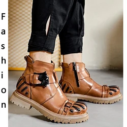 Fashion Men Genuine Leather Gothic Skull Punk Motorcycle Boots Western Cowboy Boots Male Ankle Boots ZIP Platform Tactical Boots