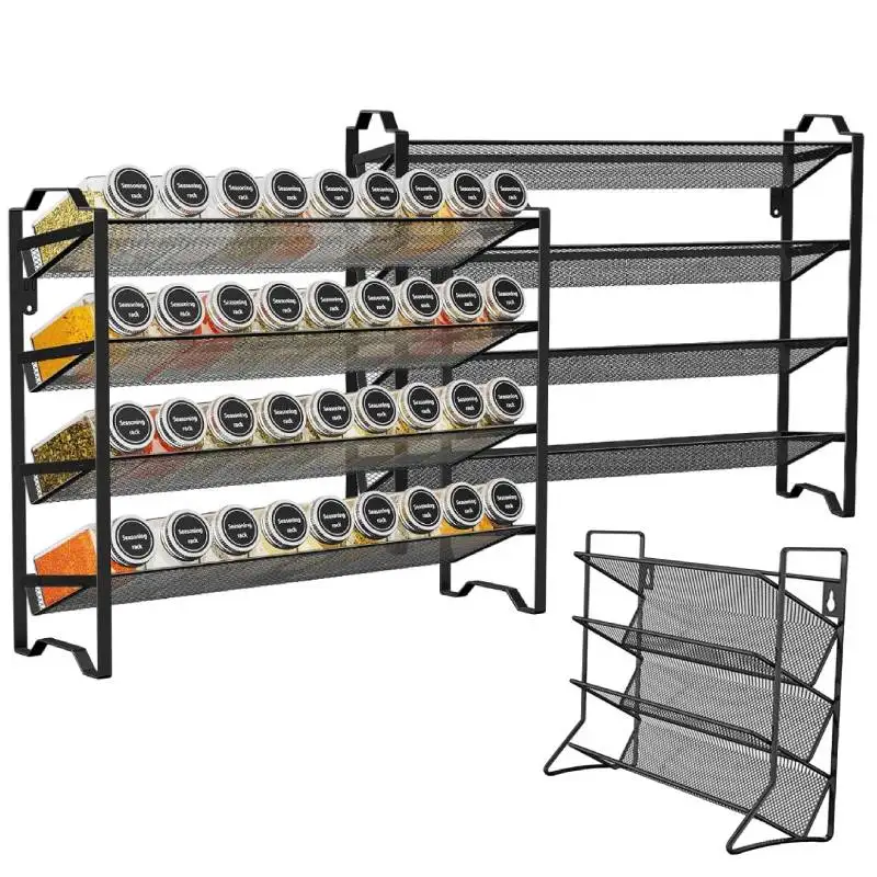 

Органайзер для специй, 4 яруса, 1 шт., штабелируемые полки для кухни, для шкафа, столешницы, кладовой, крепление на дверь/стену, металлическая сетка