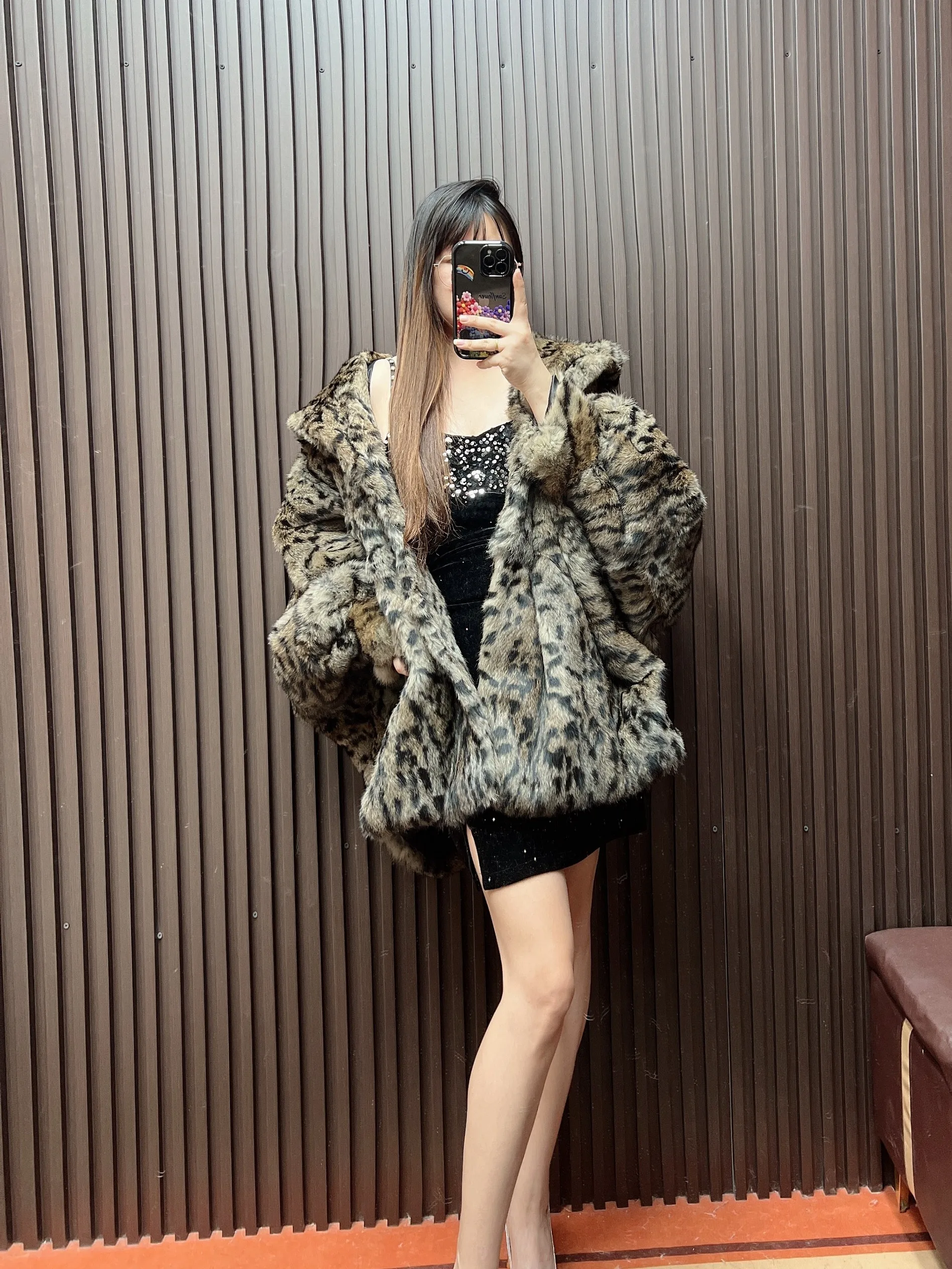 Women Winter Real Rabbit Fur Coat Leopart Print Hooded Jacket Thick Warm Fashion Overcoat Top Batwing Sleeve