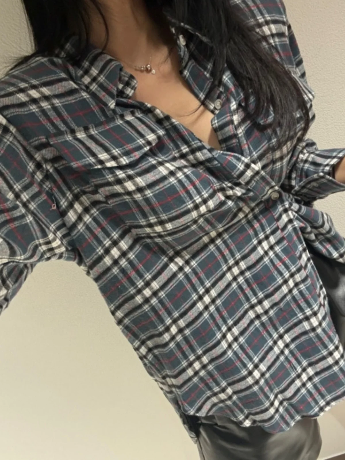 

Women's Plaid irt Double ket Loose Fit Slimming Vintage Collar Waist-Cinching oulder Pad Long Sve Commute Sle