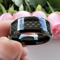 Black Carbon Fiber Inlay Beveled Edges Comfort Fit 8MM Men's Tungsten Steel Carbide Wedding Band Engagement Rings for Men Women