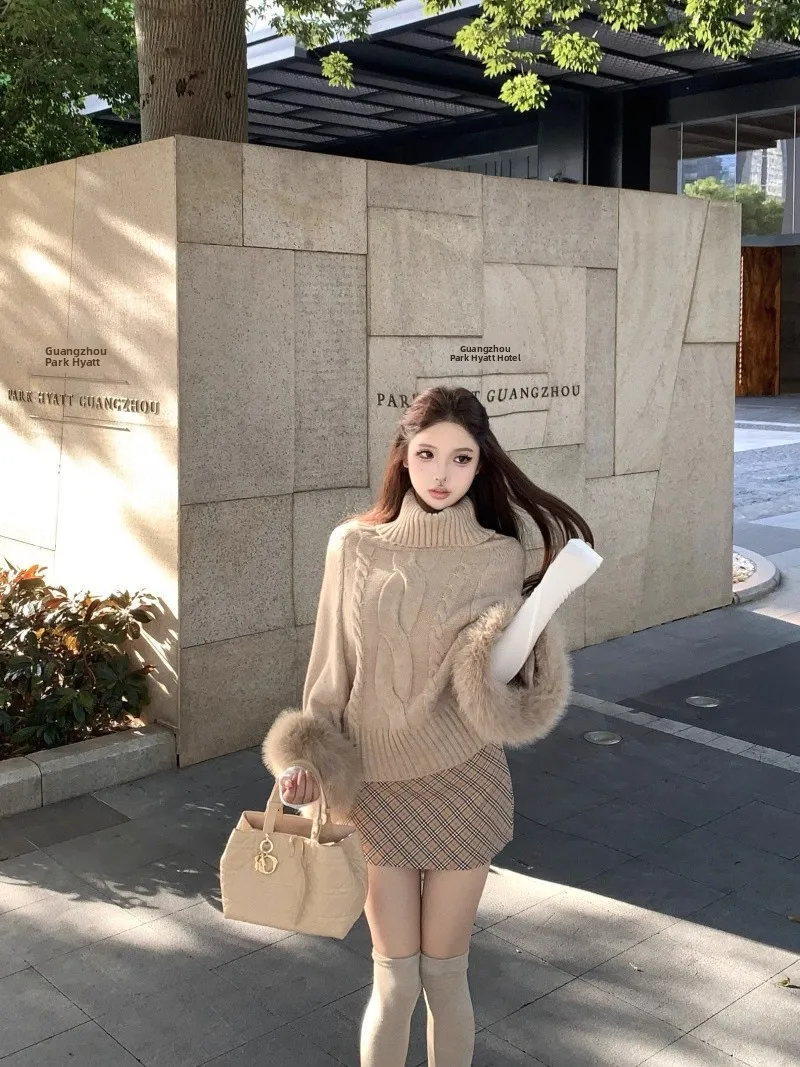 

Khaki Sve Fur High Collar Sweater Women Autumn Winter Loose Twist Knitted Long Sve Top Comfortable Lazy Sle Faion
