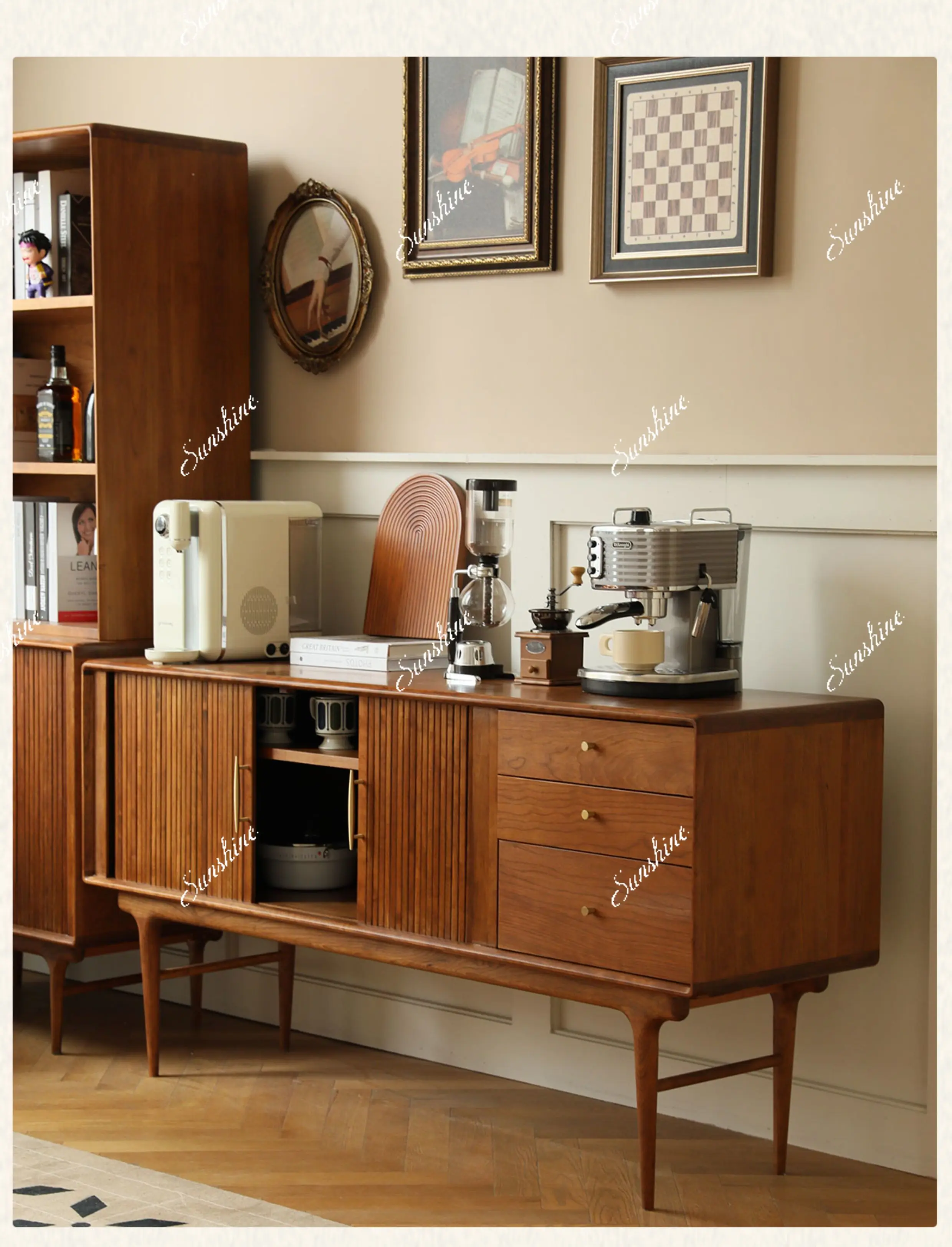 Retro dining side cabinet, cherry wood organ, rolling shutter door, living room solid wood sofa side cabinet