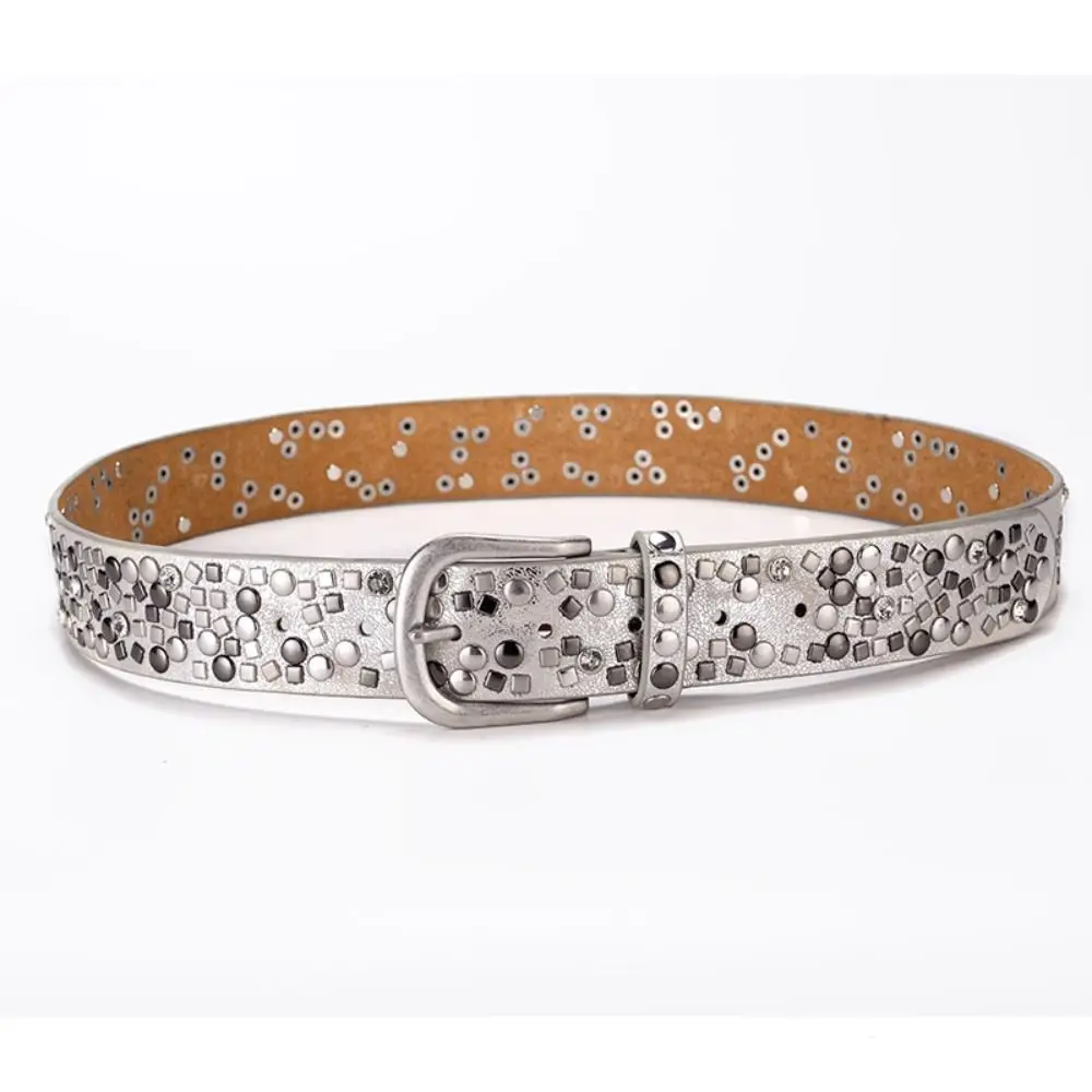 

Luxury Pin Buckle Women's Belt Silver Studs Fashion Accessory Leather Belt Vintage Rivets Heavy Metal Belt Matching Jeans