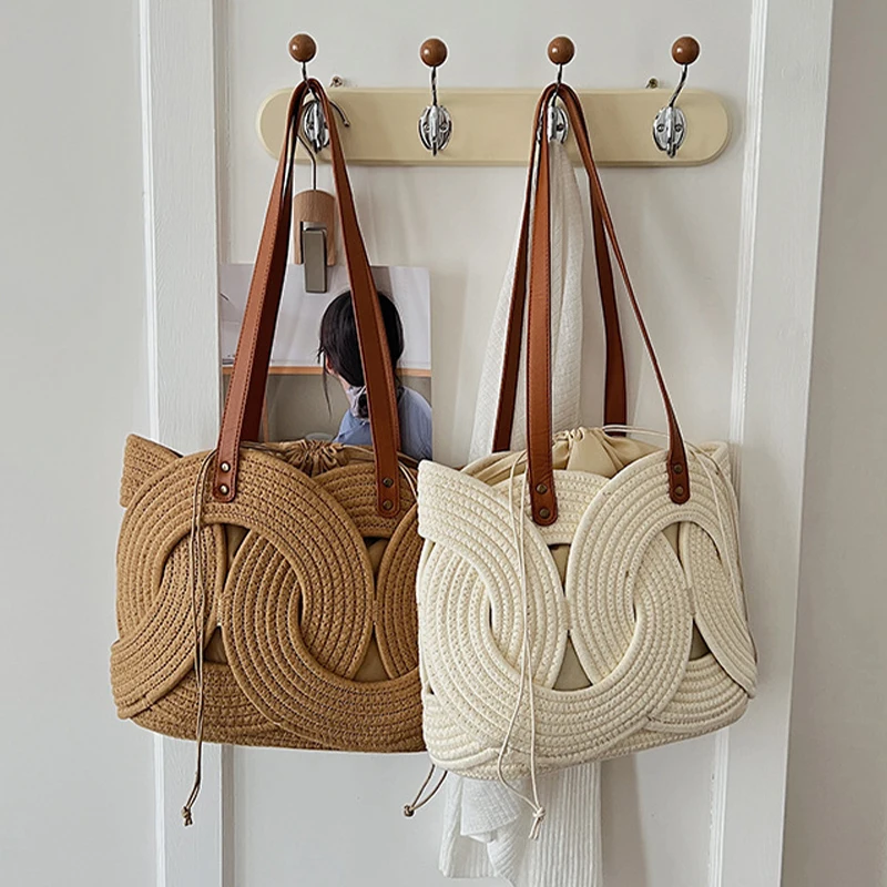 Women Straw Shoulder Bag Large Capacity Hollow-Out Woven Beach Tote Color Block Summer Handbag Casual Vacation