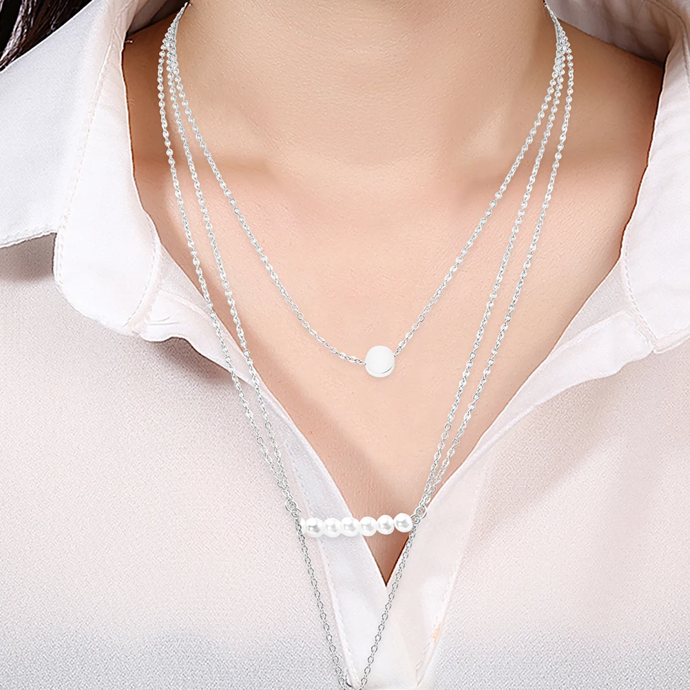 

2pcs Stainless Steel Heart Necklace For Women Trendy Multilayer Charm Beaded Pendant Jewelry Big Simple Layered Chain Dainty