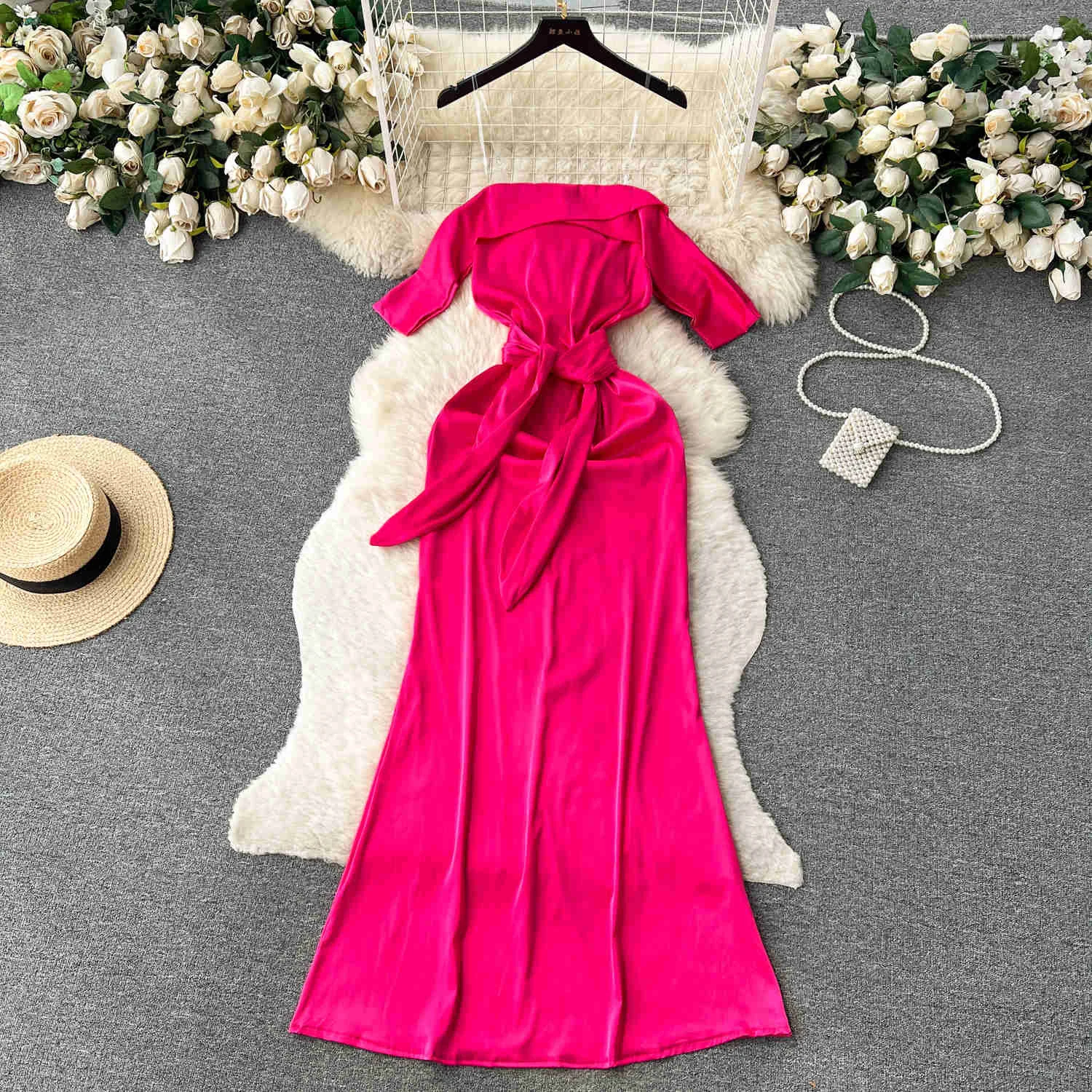 

Women Fashion Solid Transparent Spaghetti Strap Dress Lady Solid Slash Neck Off Shoulder Sash Lace Up A Line Long Party Dresses