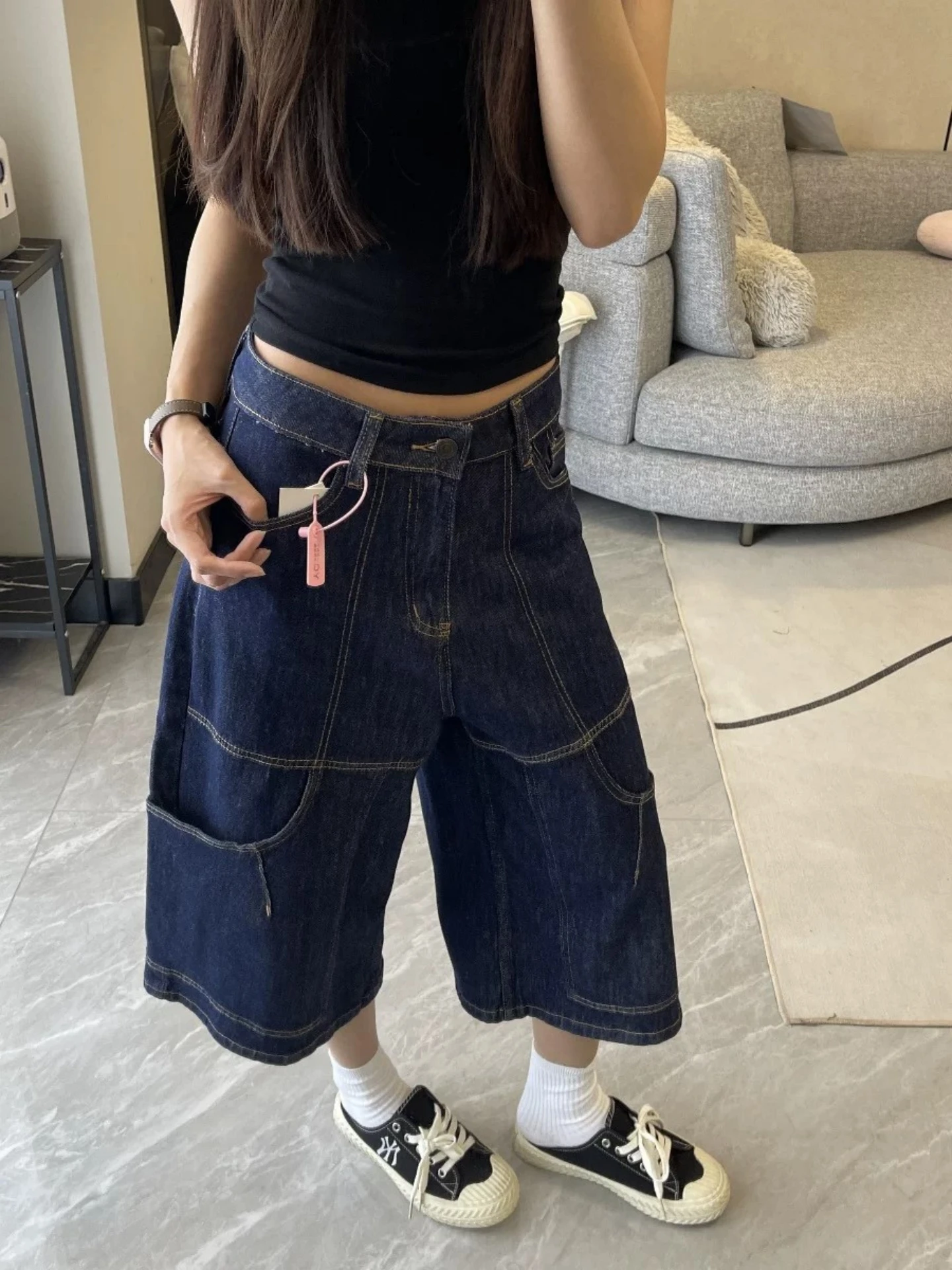 

High Waist Loose Straight Leg Blue Jeans Women's Summer Casual Wide Leg Pants Vintage American Style Seven-Foot Trousers