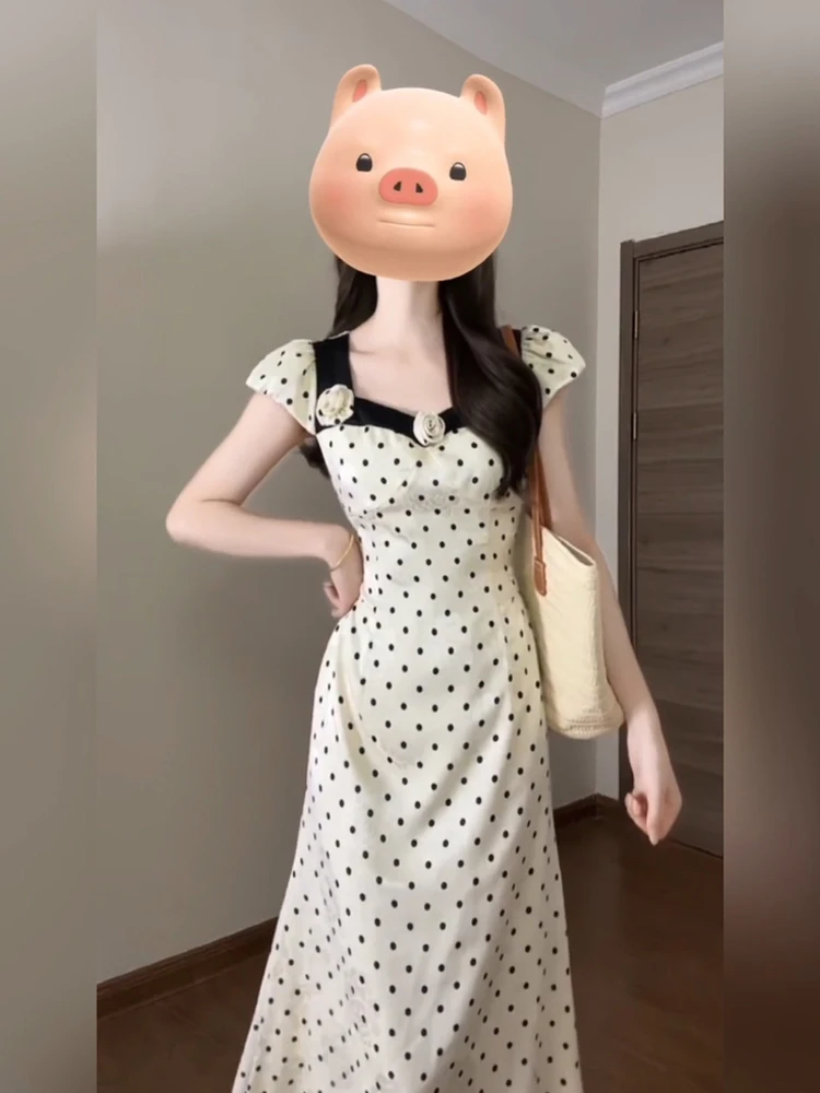 

SYJ ujia plus Size Polka Dot Dr Slimming Long Skirt High Waist A-Line Korean Sle Commute Bubble Sve Casual Dr