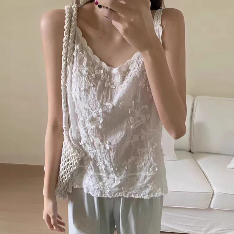 Sheer Cami Top Embroidery Floral Blouse Sleeveless Open-knit Tank Vest Women Spring Summer Fairycore Outfit