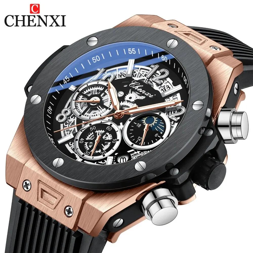 

CHENXI Fashion Men's Watches Multi functional Night Glow Moon Phase Date Wine Bucket Silicon Tape Sports Quartz Watch for Men