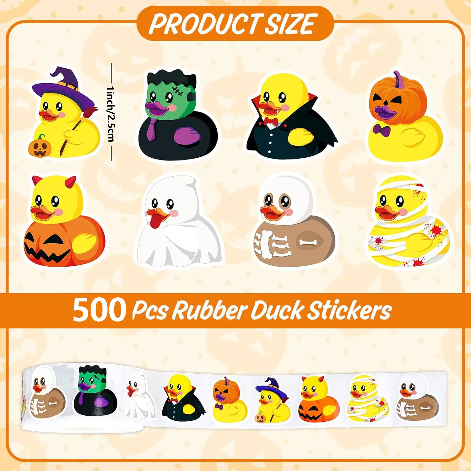 500Pcs Halloween Rubber Duck Roll Stickers Funny Cartoon Duck Label Decals for Envelope  Scrapbook Trick or Treat Party Supplies