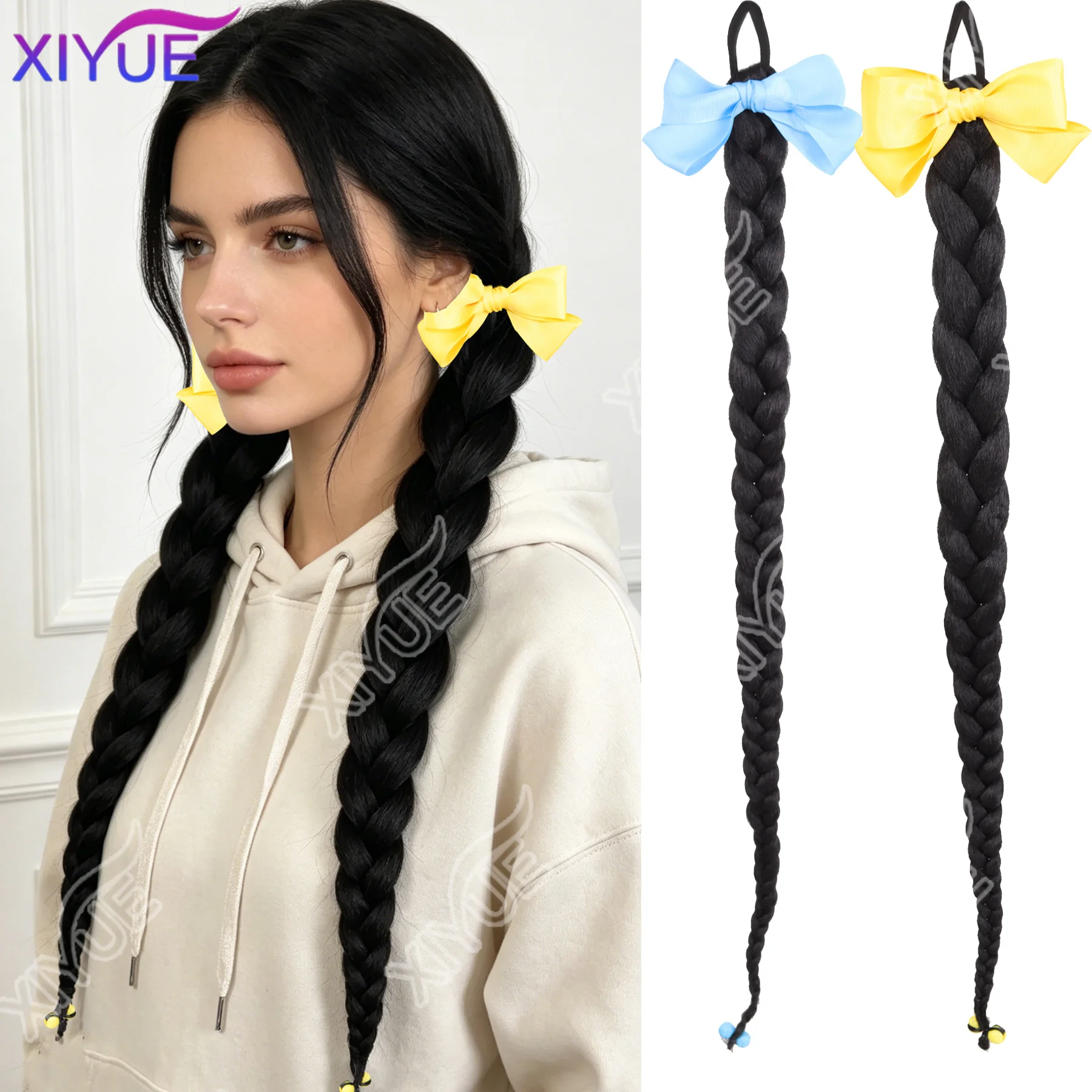 XIYUE Synthetic hair extension wig yellow bow ponytail with hair extensions Long Braided Ponytail Hair Accessories Christmas
