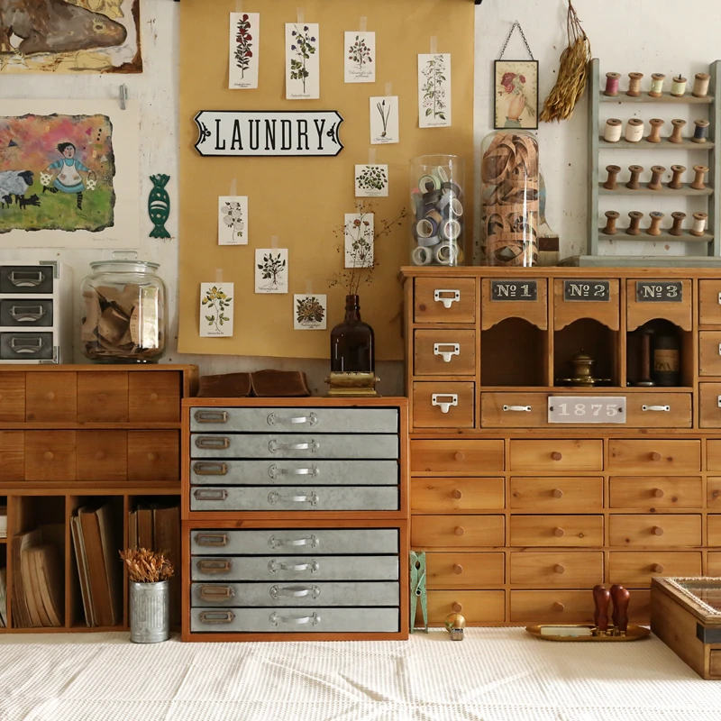 

Vintage iron drawer desktop, wooden A4 paper stationery box, multi-layer file storage box on the table