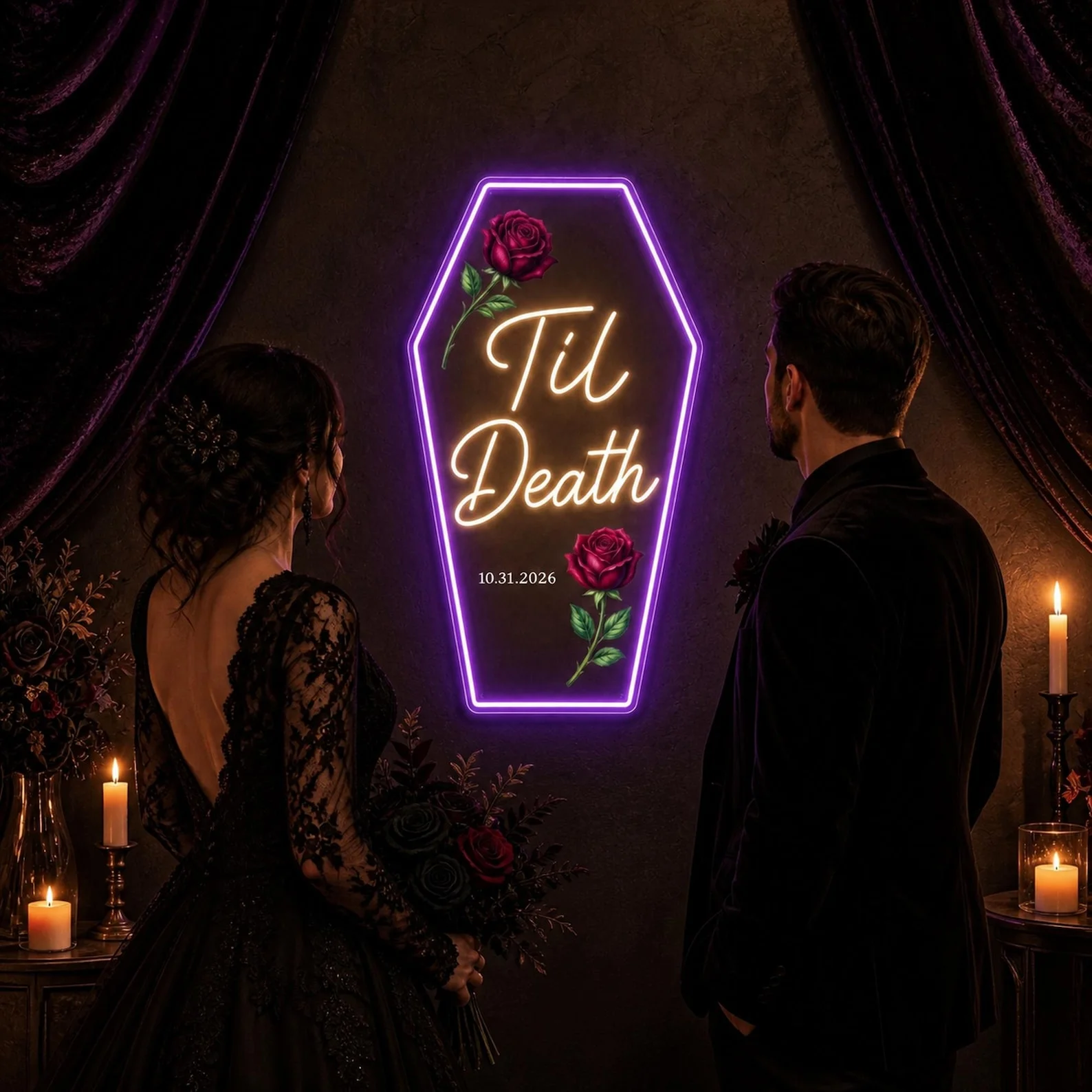 Til Death Neon Sign,Gothic Wedding Backdrop With Coffin Arch And Red Roses,Custom Couple Names Date Sign,Spooky Reception Decor