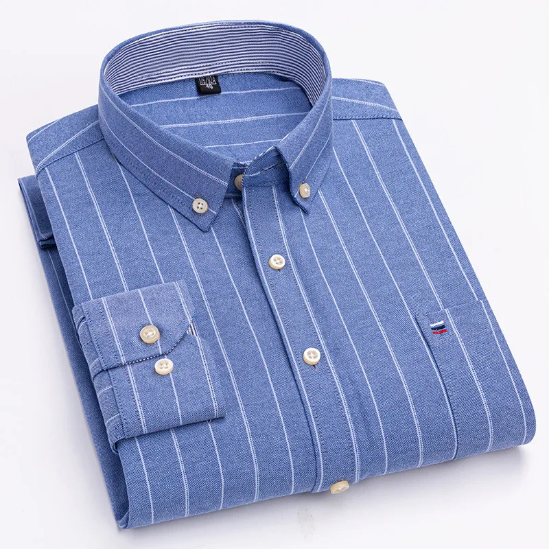 Men Shirt Long Sleeve Casual Cotton Business Plaid Striped Shirt Regular Fit Solid Color 6XL 7XL Oxford Casual Shirts for Men