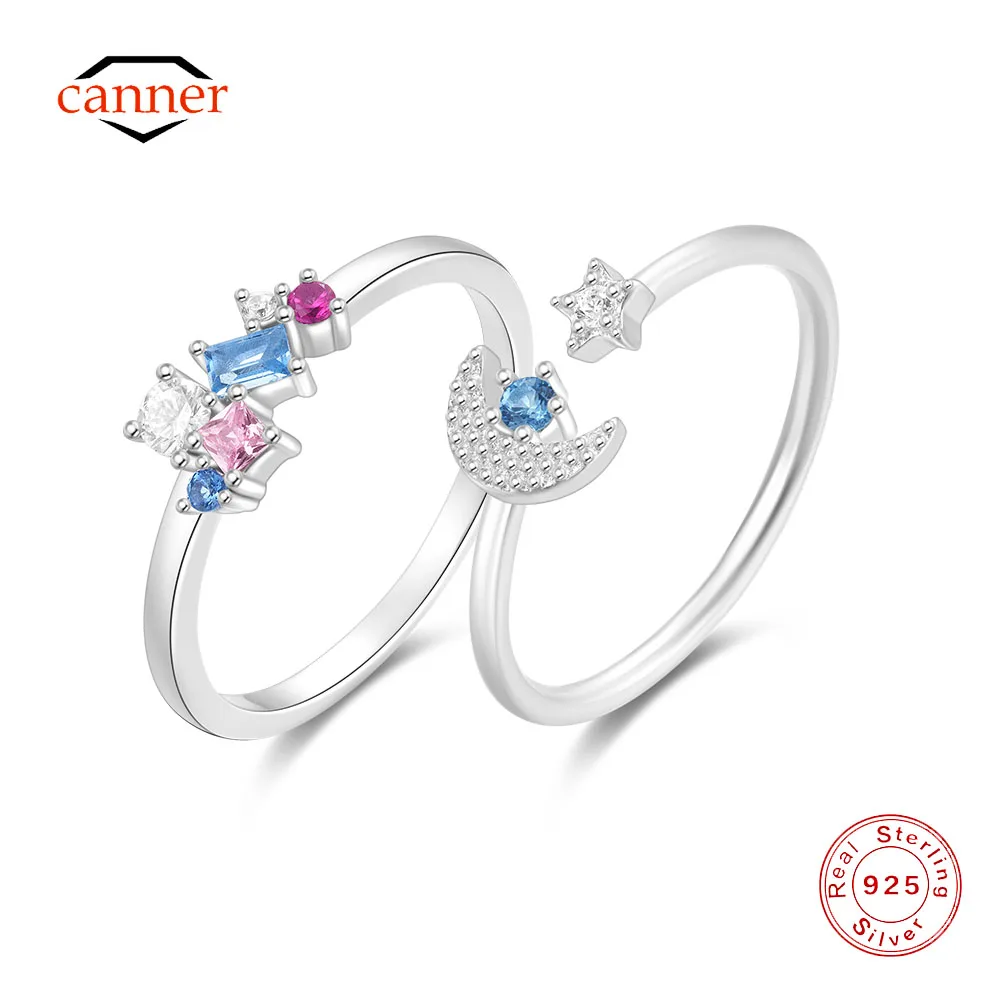 CANNER 925 Sterling Silver Star Moon Blue Zircon Open Ring For Women 18K Gold Ins Cute Ring Fine Jewelry Weddingd Party Gift