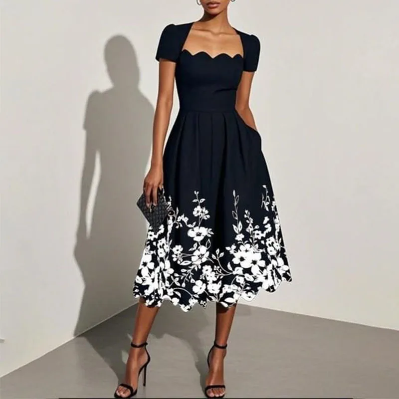 Abito lungo estivo da donna elegante con colletto quadrato a onde Abito lungo da spiaggia solido sexy da ufficio Manica corta Boho Maxi abiti femminili