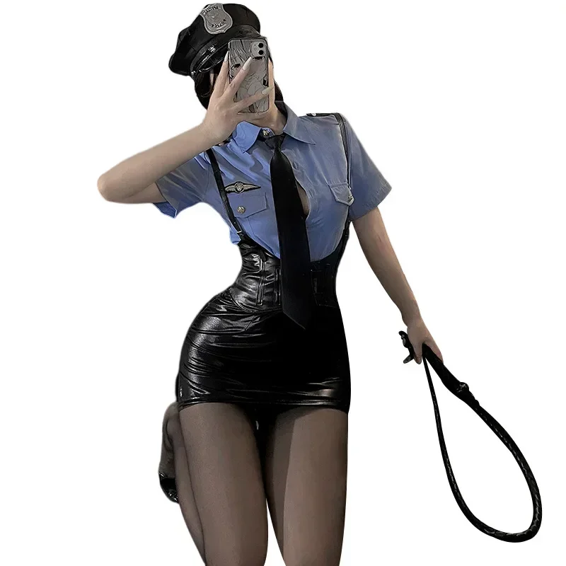 زي أسود مثير للمضيفات للنساء ، زي الشرطة ، طقم بدلة قميص ، ملابس مدربات ، ملابس مضيفة ، زي تأثيري
