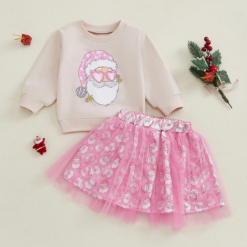 Toddler Girl Christmas Outfit Fall Cute Clothes Santa Claus Print Long Sleeve Sweatshirt and Skirt 2 Pieces Set for Baby