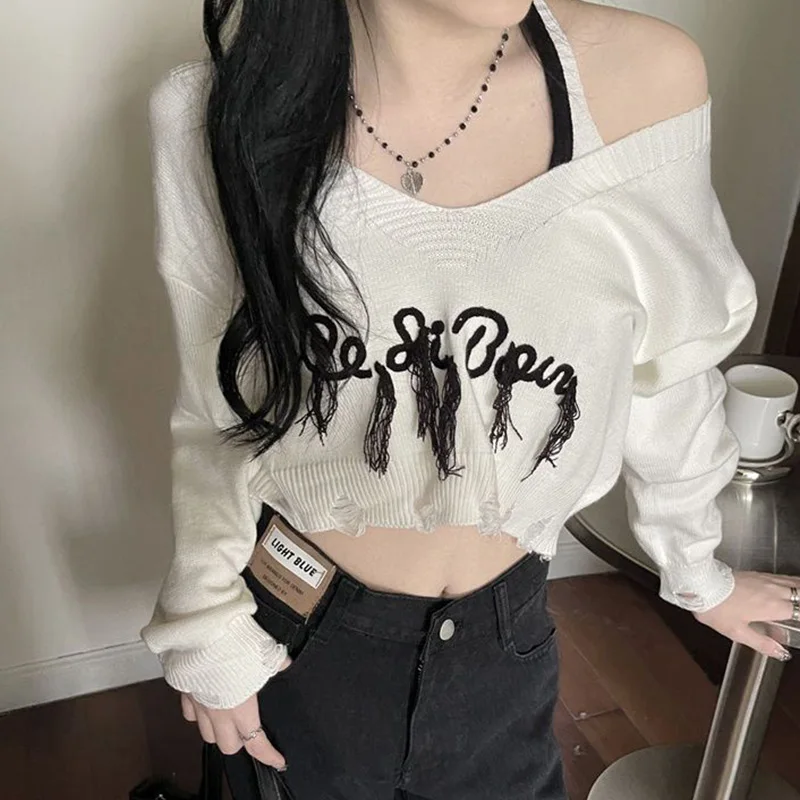 Femme Trend Sexy Casual Tassel V-neck Long Sleeve Pullovers Autumn Winter All-match Letter Knitting Sweater Odzież damska Tops