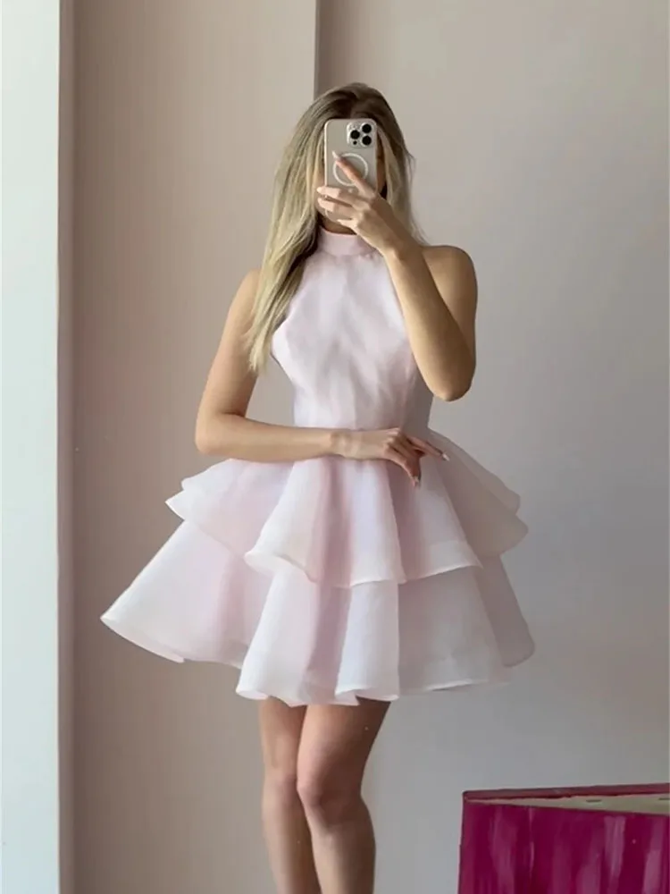 

LAYXHS Fashion Halter Mini Formal Evening Dresses Sleeveless Tiered Ruffle Backless Prom Dresses Customized robes de soirée