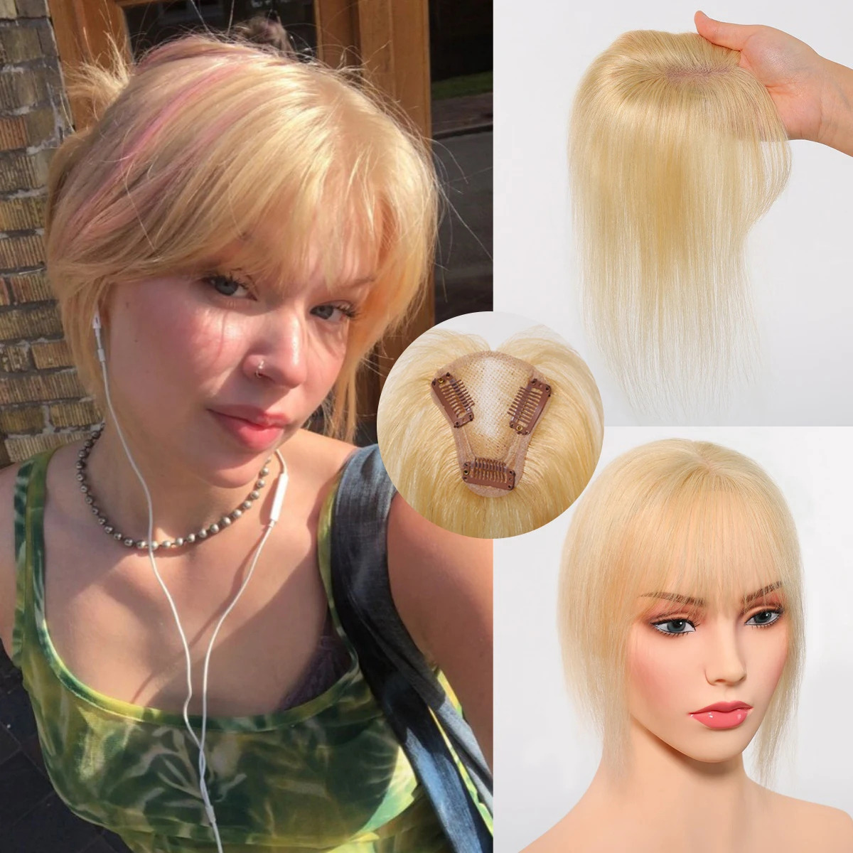 100% Remy Human Hair Toppers Honey Blonde Clip in Hair Pieces with Bangs Natural Straight Human Hair Toppers for Women Party Use