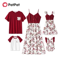 PatPat Family Matching Cotton Short-sleeve T-shirts and Floral Print Spliced Cami Dresses Sets