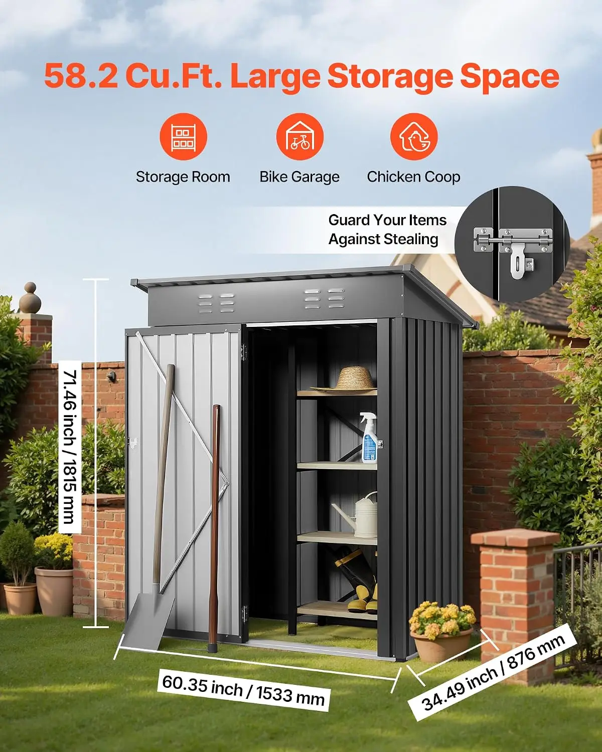 Metal Storage Shed with Lockable Door & Vents, Sloped Roof Outdoor Tool Shed for Backyard Garden Patio, 5x3 FT, Gray, Customized