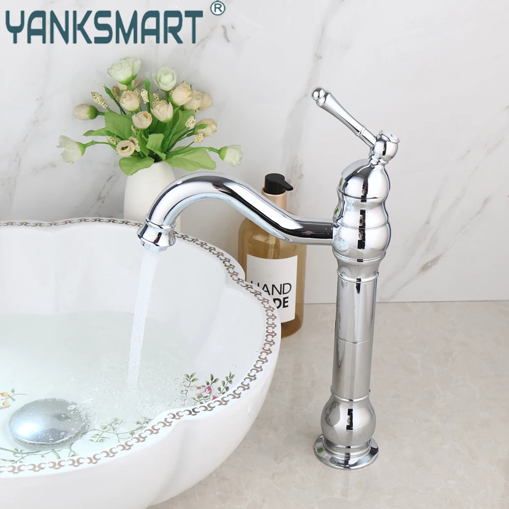 

YANKSMART Luxury Chrome Polished Bathroom Vessel Sink Faucet Deck Mounted Single Handle Basin Faucet Single Hold Mixer Water Tap