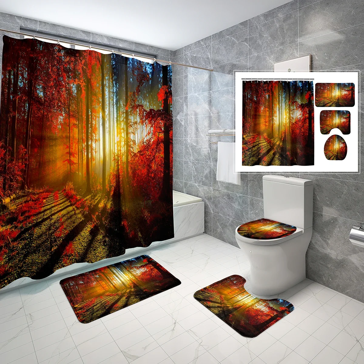 

4 Sets Forest Shower Curtain Sets with Non-Slip Bath Mat,Toilet Lid Cover and Path Sunset Light Red Leaves Shower Curtain Set