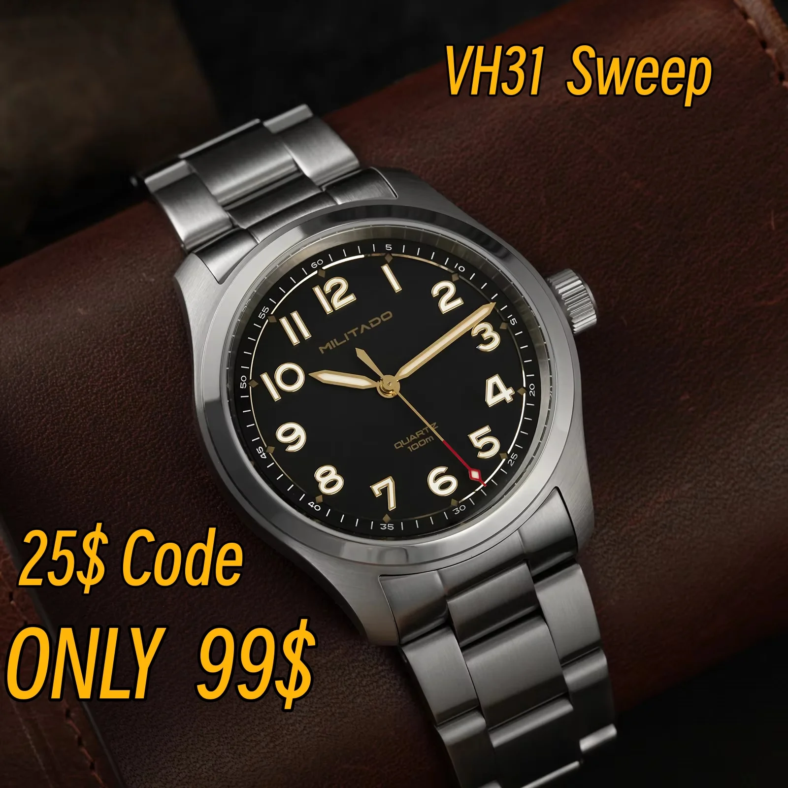 Militado ML08 Military Watch VH31 Quartz Movement Double Sapphire Crystal C3 BGW9 Luminous 10Bar Waterproof 38mm Vintage Watch