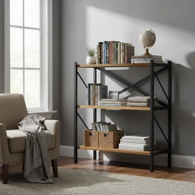 

3-Tier Bookshelf 36in For Home Office Living Room Bedroom, Steel Frame Sturdy Construction Adjustable Shelves, Organize Books Documents Supplies