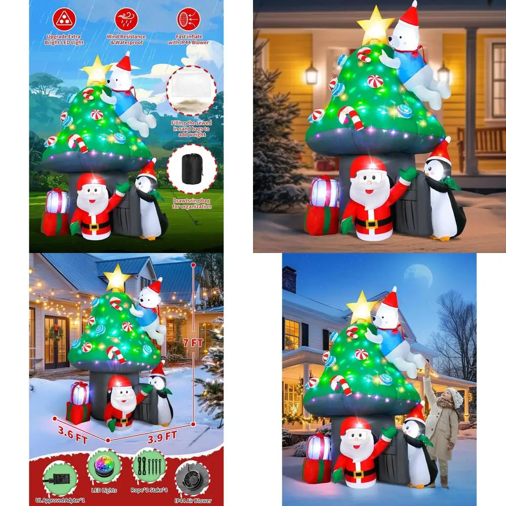 

7-футовый надувной грибной домик, рождественское украшение с Санта-Клаусом, белым медведем и пингвином, светодиодной подсветкой, идеально подходит для уличного рождественского папы