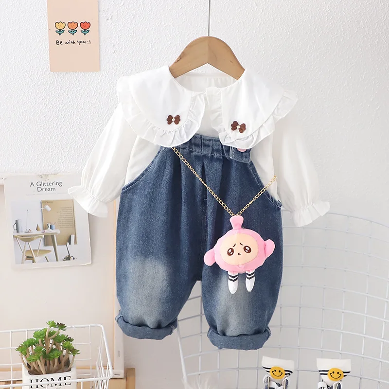 

2024 New Spring Baby Girl Clothes 1 To 3 Years White Turn-down Collar Long Sleeve Shirts and Denim Overalls 2PCS Girls Outfits