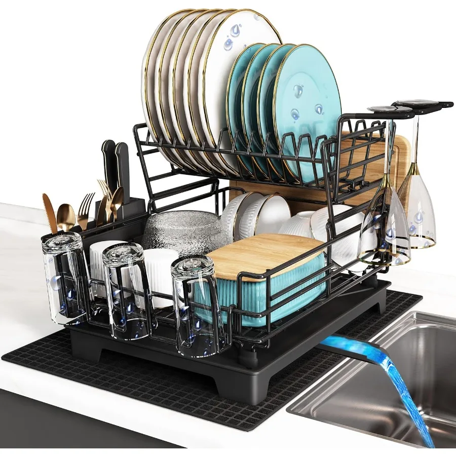 

2 Tier Black Large Stainless Steel Dish Drainers Drying Rack for Kitchen Counter with Drainboard Rust Proof Metal Space Saving