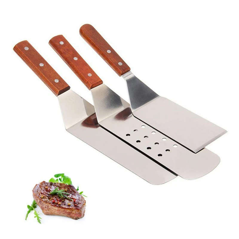 3Pcs/Set Stainless Steel Metal Scraper Hamburger Shovel Kitchen Dining Bakeware Tools Wood Handle Steak Pizza Flat Shovel Peels