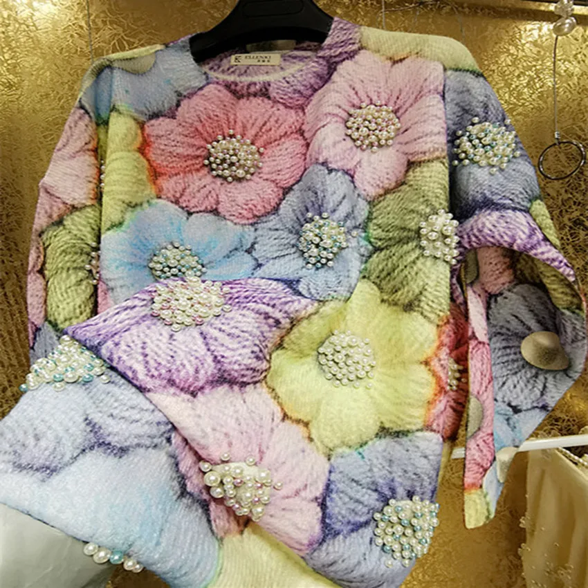

high-grade beaded colorful warm sweater women three-dimensional full of flowers pullovers
