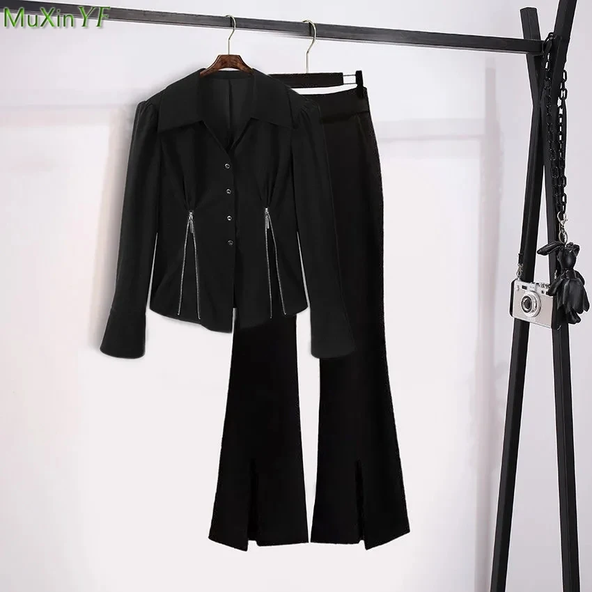 

Women Autumn Winter Polo Shirts Pants 1 or Two Piece Set 2023 New Lady Slim Zipper Black Blouse Trousers Outfits Tops Outfits