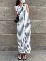 New Summer Knitted Elegant Dresses For Women V-Neck Sleeveless Loose Sweater Dress Korean Fashion Casual Stripe Long Dresses