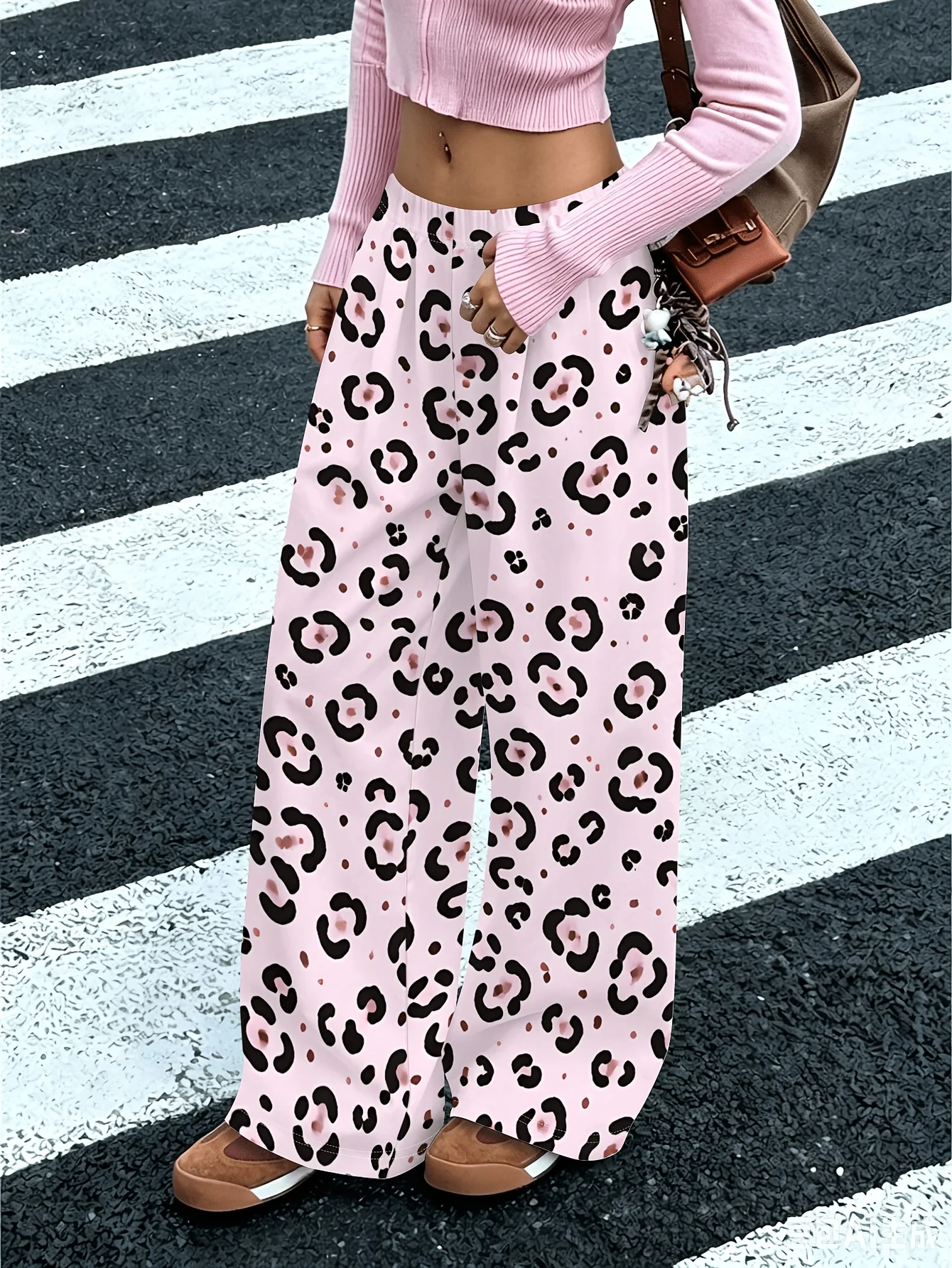 American Retro Dopamine Pink Leopard Print Casual Pants for Women Sweet and Cool Style Elastic Waist Hanging Pants