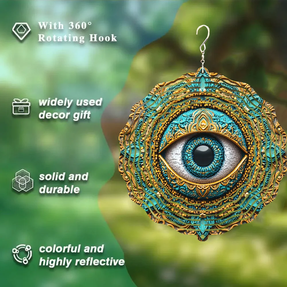 Vintage Egyptian Eye of Horus Pattern Metal 3D Spinning Wind Chime Featuring a 360° Infinite Rotation Hook, Suitable for Garden
