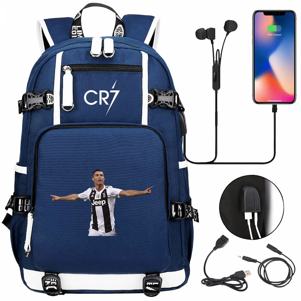 CR7 Backpack teenage Girls Boys USB port Canvas Schoolbag CR7 Students book bag Capacity Travel Mochila Infantil