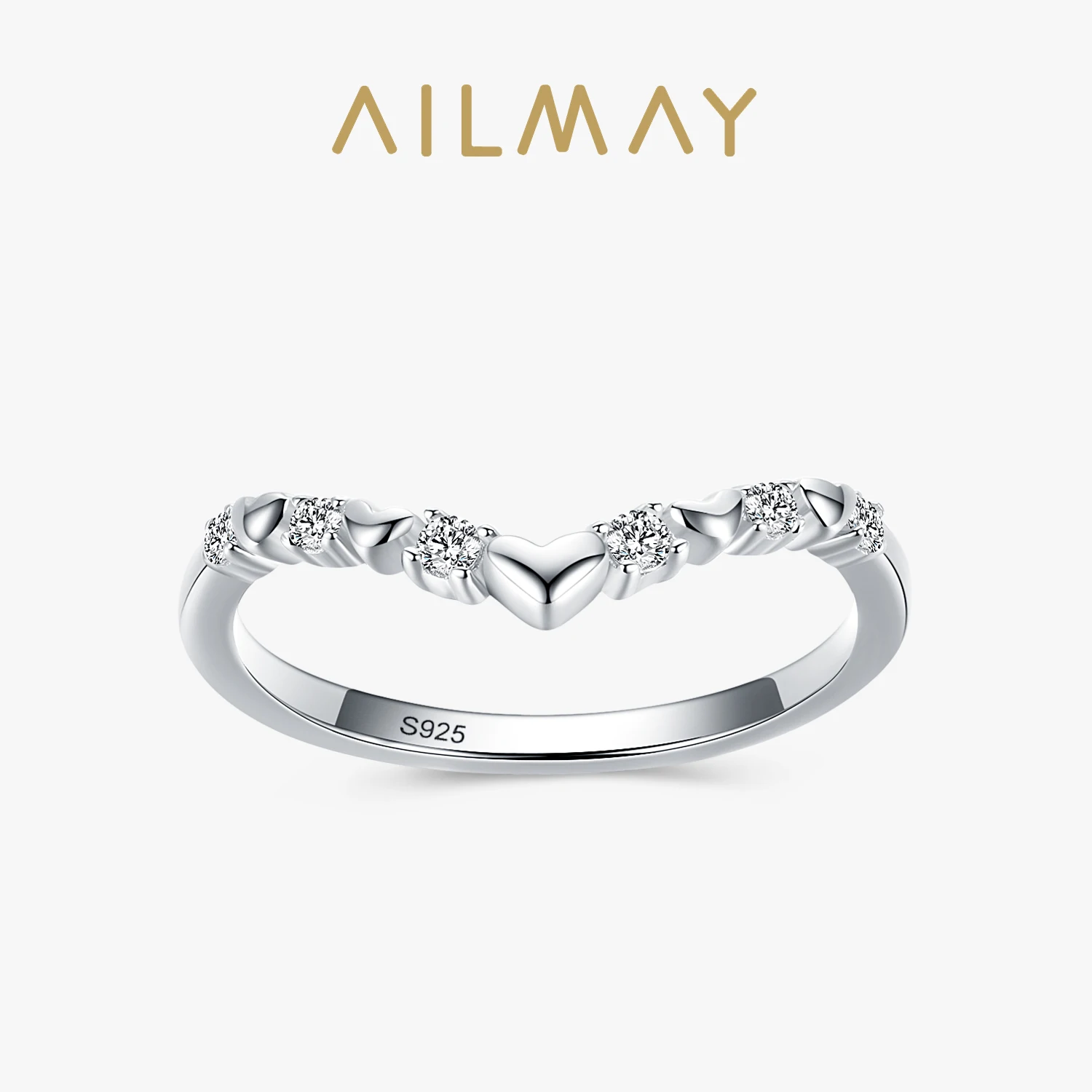 Ailmay Real 925 Sterling Silver Stackable CZ Ring Fashionc Simple Heart Clear Zircon Finger Ring Fine Female Fashion Jewelry