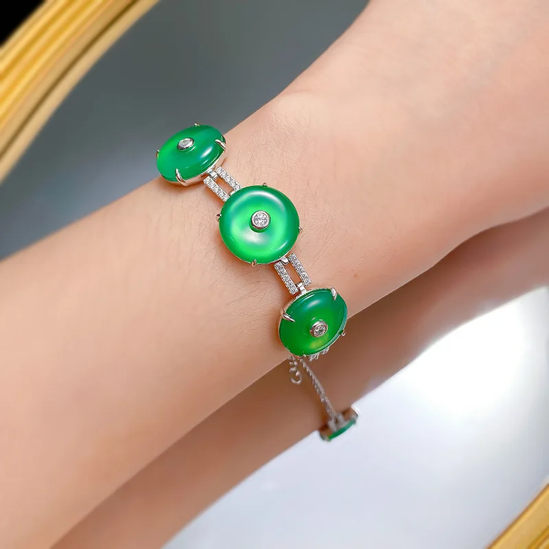 S925 Silver Inlaid Natural High Ice Green Jade Chalcedony Bracelet for Women's New Chinese Safe Button Bracelet Live Broadcast