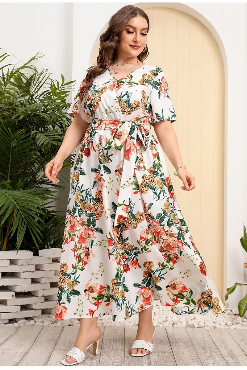 Nowy letni Plus Size S-5XL dekolt w szpic z krótkim z rękawami i nadrukiem sukienka Boho dla kobiet z elastyczną luźną sukienką Maxi