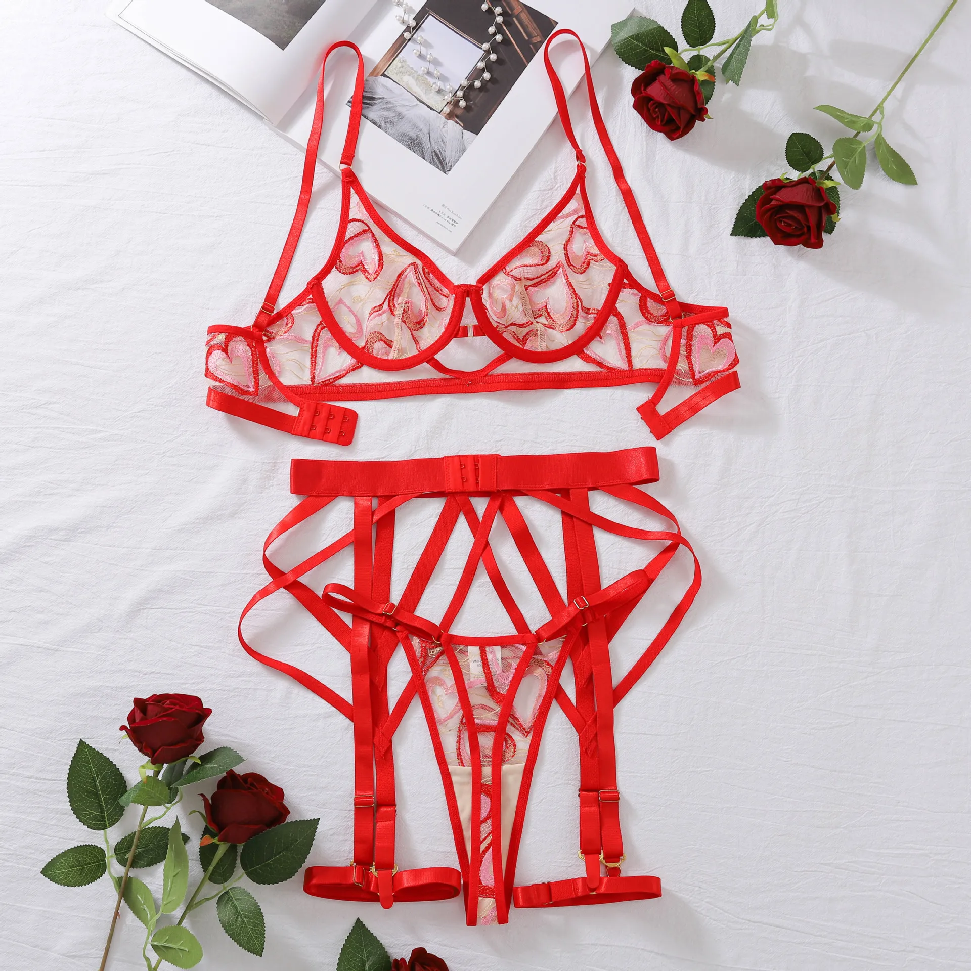 Solid Color 4-Piece Lace Bra Set Women Red Heart Embroidery Transparent Underwear Suit Sexy Bandage Thong Lingerie Outfits 2024