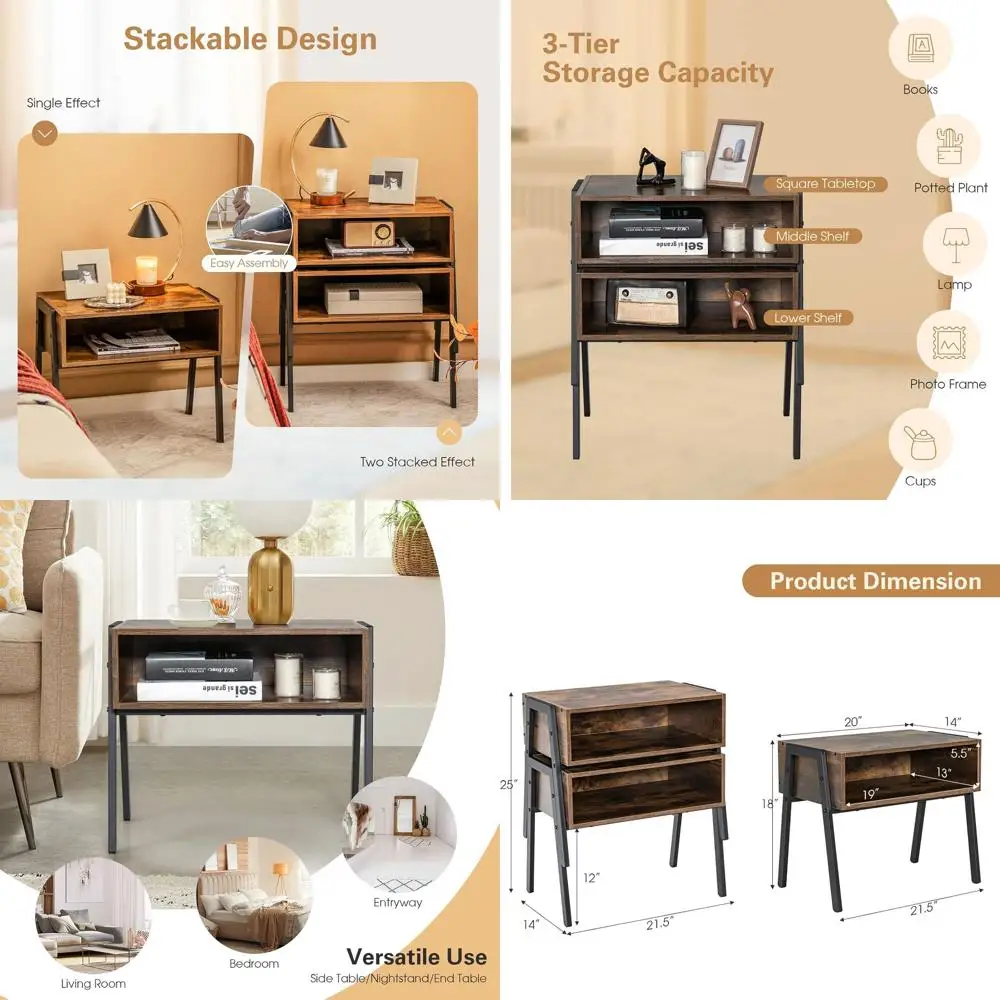 

Пара прикроватных тумбочек в индустриальном стиле с открытыми полками, металлическим каркасом и отделкой под состаренное дерево, для гостиной и спальни